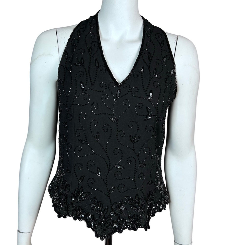 Beaded Asymmetrical Whimsigoth VTG Top halter Medium floral Evening JKARA Witchy